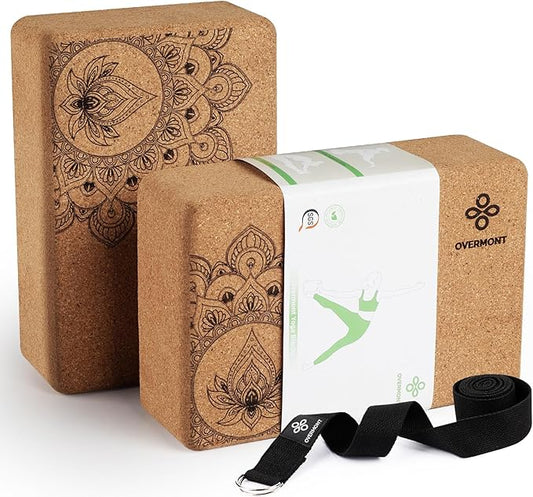 Overmont Cork Yoga Blocks 2 pack with 8ft Strap Natural Cork Bricks- High Density & Eco Friendly Yoga Accessories for Women - Ideal for Yoga Pilates General Fitness and Stretching 9x6x3''-FlexoryFit