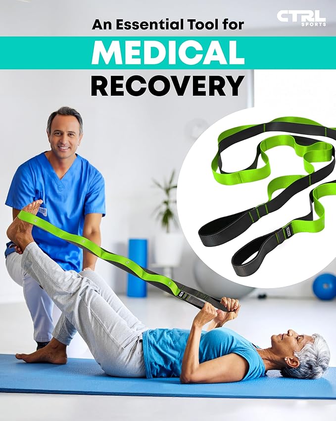 Stretching Strap with Loops - Non Elastic Stretch Band for Physical Therapy, Yoga Strap for Stretching Equipment, Stretch Bands for Exercise and Flexibility - Fascia, Hamstring & Leg Stretcher Belt-FlexoryFit
