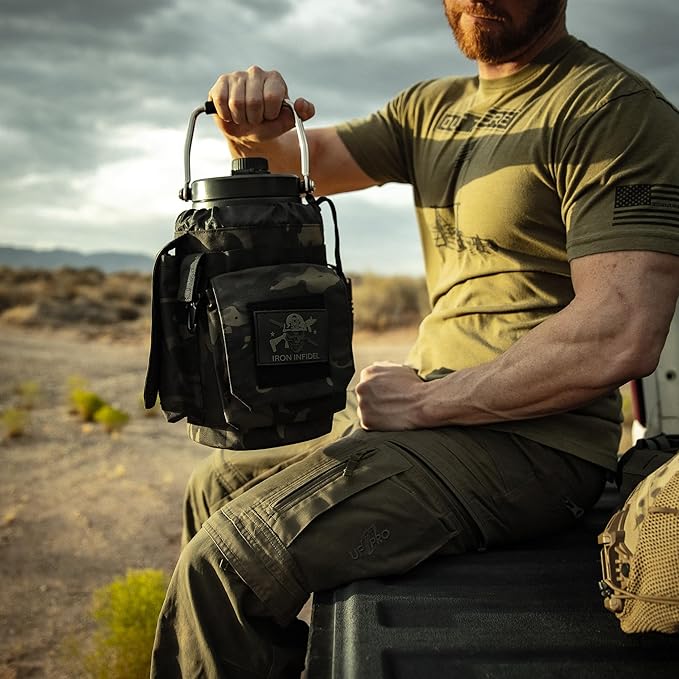 Iron Infidel Battle Bottle - One Gallon Insulated Water Bottle with Dual Carry Handles - 128 oz Tactical Stainless Steel Water Jug & Rugged Extra Large Sleeve With Storage (Black Camo 128 Ounces)-FlexoryFit