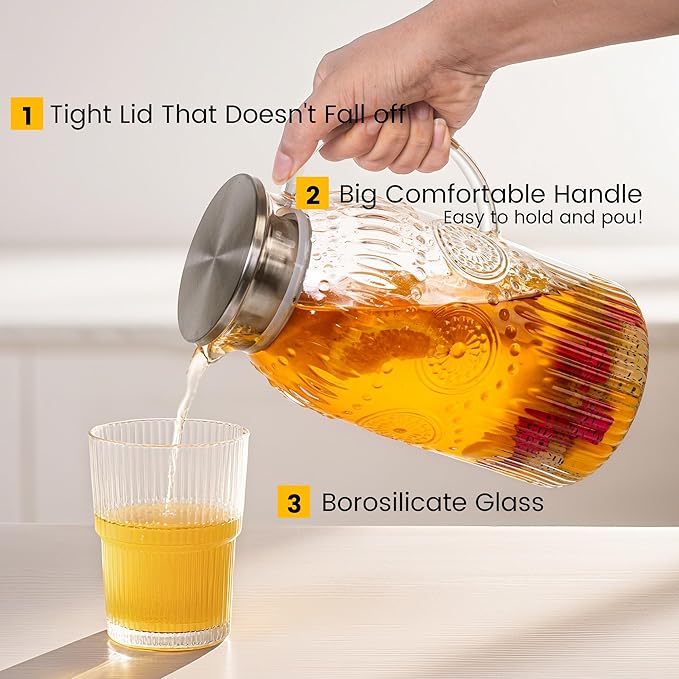 Bandesun Glass Pitcher with Lid, 68 oz/ 2 Liter 2Pack Vintage Water Pitcher,Glass Water Carafe for Cold Brew, Coffee, Lemonade, Iced Tea,Beverage, Heat Resistant Jug