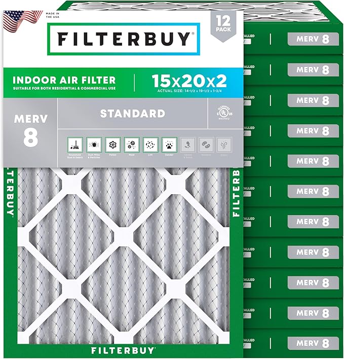 Filterbuy 15x20x2 Air Filter MERV 8 (MPR 700) Dust Defense Replacement (12-Pack), Electrostatic Pleated HVAC AC Furnace Filters, Made in USA (Actual Size: 14.50 x 19.50 x 1.75)