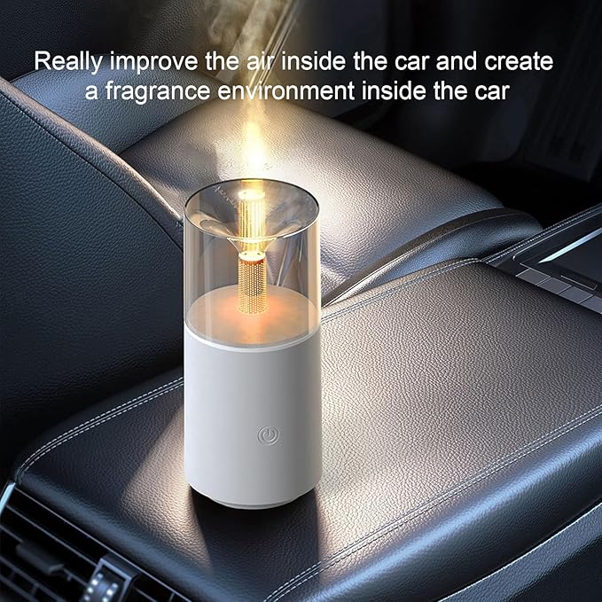 Essential Oil Diffuser Mini Portable Car USB Diffuser Humidifier with Candlelight Ambiance, Ultra Quiet Work for Office, Bedroom, Car Diffuser (White)