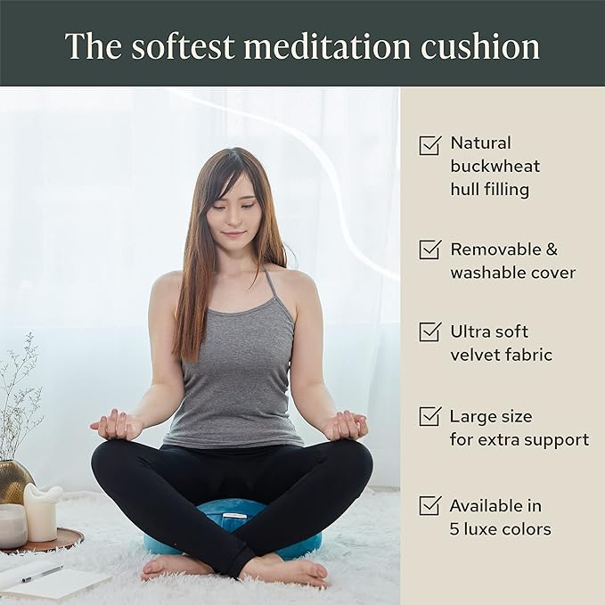 Mindful & Modern Velvet Meditation Cushion | Luxe Zafu Yoga Floor Pillow Seat | Posture Support | Buckwheat Hull Filled | Large Round Cushion with Removable Washable Cover + Carry Handle | Color Teal-FlexoryFit
