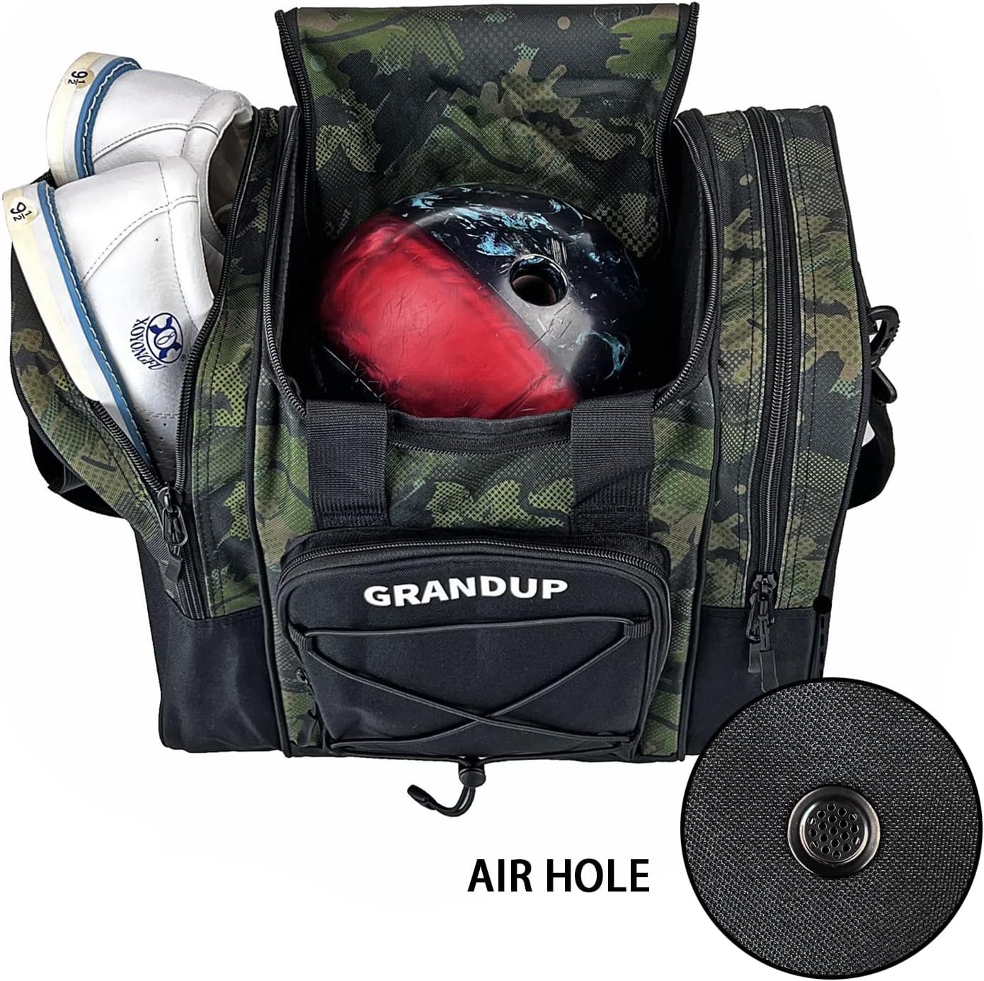 GRANDUP Bowling Ball Bag for Single Ball - Black Bowling accessories Ball Tote Bag Bowling Bag with Padded Ball Holder - Fits Bowling Shoes Up to Mens Size 14
