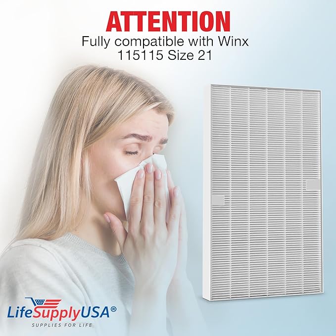 115115 HEPA Filter A Replacement for C535, 5300, 5300-2, 5500, 5500-2, 6300, 6300-2, P300, AM90, C909, 9800 Compatible with Winix Air Purifier Filter Replacement Plasmawave Size 21 by LifeSupplyUSA