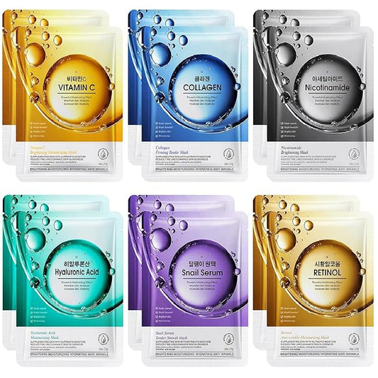 12 Pack Sheet Face Masks Skincare (Collagen, Hyaluronic acid, Snail, Retinol, Vitamin C, Niacinamide) Collagen Face Mask Hydrating Face Masks for Women Skin Care, Moisturizing, Brightening, Anti-Aging-FlexoryFit