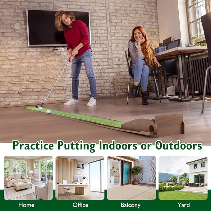 Tangkula 10 FT Golf Putting Green, 2/3-Hole Golf Putting Practice Mat with Auto Ball Return for Indoors & Outdoors, Alignment Guides & 3 Golf Balls, Mini Golf Game for Home and Office