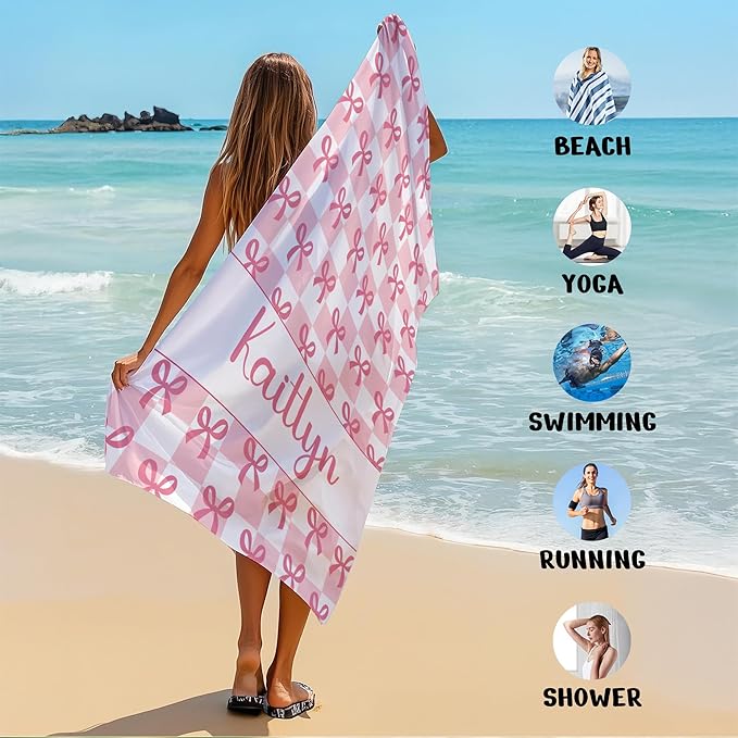 JML Personalized Beach Towel with Name, Custom Beach Towel with Text, Customized Bow Microfiber Pool Towel, Quick Dry & Absorbent Swim Towel for Adult,Anniversary, Birthday, Summer Holiday,Vacation-FlexoryFit