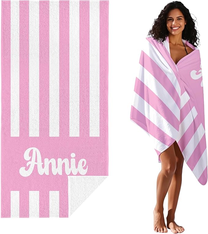 JML Personalized Beach Towel with Name, Custom Cabana Stripe Beach Towel, Customized Microfiber Pool Towel, Quick Dry & Absorbent Swim Towel for Adult,Mother's Day, Birthday, Summer Holiday,Vacation-FlexoryFit