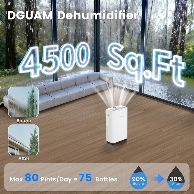 Dehumidifier, Compressor Dehumidifier for Basement 4500 Sq.Ft, Energy Efficient Max 80 Pint/D (Std 60 Pint/D), Smart Humidity Control, Drain Hose, 42dB Quiet & Auto Defrost, for Home, Bedroom