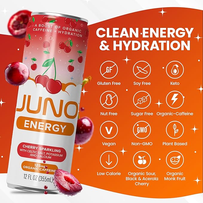 JUNO ENERGY Organic Cherry Sparkling Drink - Sugar Free Electrolytes, Energizing and Hydrating with 125mg Organic Caffeine from Green Coffee Beans, Organic Monk Fruit, Organic Sour and Black Cherry Juice & Electrolytes - Vegan, Gluten Free, 12 Pack-FlexoryFit