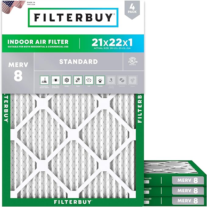 Filterbuy 21x22x1 Air Filter MERV 8 (MPR 700) Dust Defense Replacement (4-Pack), Electrostatic Pleated HVAC AC Furnace Filters, Made in USA (Actual Size: 20.50 x 21.50 x 0.75)