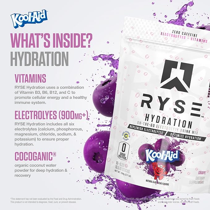RYSE Hydration Electrolyte Powder Drink Mix Packets - Kool-Aid Grape - Sugar-Free Full Spectrum Electrolytes with Essential Vitamins, Taurine and Choline for Rehydration - 16 Serving Sticks