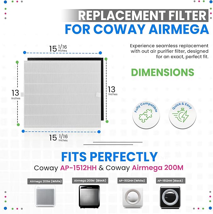 Bagean AP-1512HH Filter Replacement Compatible with Coway Airmega AP-1512HH Mighty & 200M Air Purifier - Fits Coway Filter Replacement - AP 1512HH Filters Freshens the Air (1 Main + 2 Carbon)