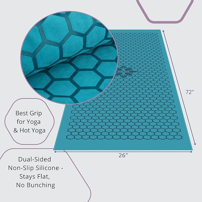 Clever Yoga Non-Slip Hot Yoga Towel – Non-Slip Grip for Hot Yoga, Sweat Absorbent, Honeycomb Silicone Grip, Stays Flat – Ideal for Pilates, Travel, Washable & Lightweight - Turquoise-FlexoryFit