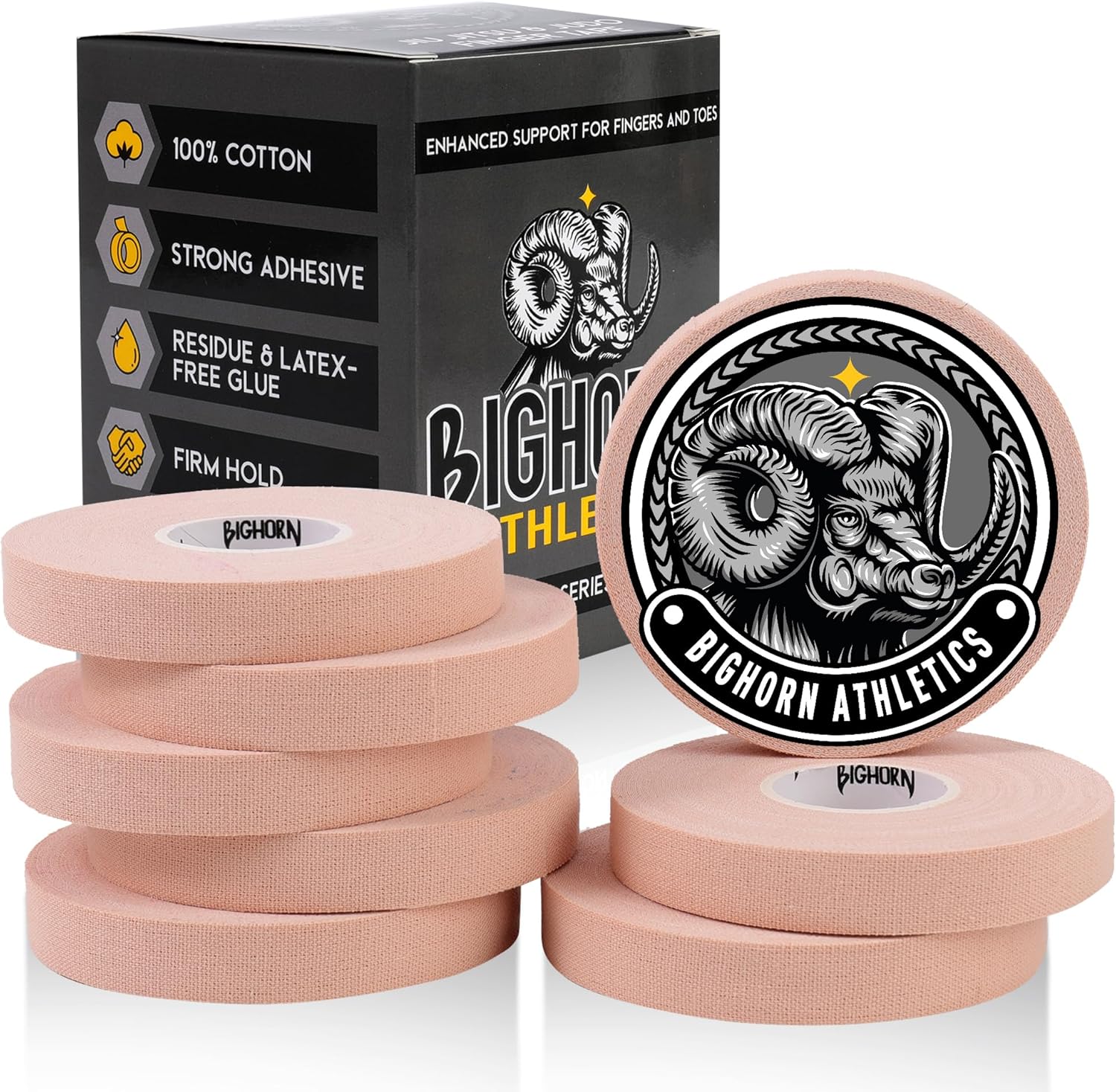 Bighorn Athletics Jiu Jitsu Finger Tape, Rock Climbing Tape | Multipurpose for Sports & Injuries: MMA, Volleyball, Football, Basketball, Tennis, Golf, Hands & Toes, 0.5-Inch x 45-feet, 8-Rolls, Nude