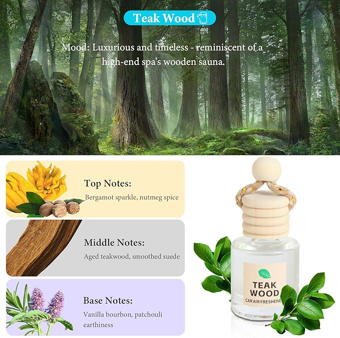 Car Air Freshener Oil Diffuser - Hanging Long Lasting Scent for Car & Home, Essential Oil Freshener with Adjustable Fragrance (Teak Wood+Black Ice)