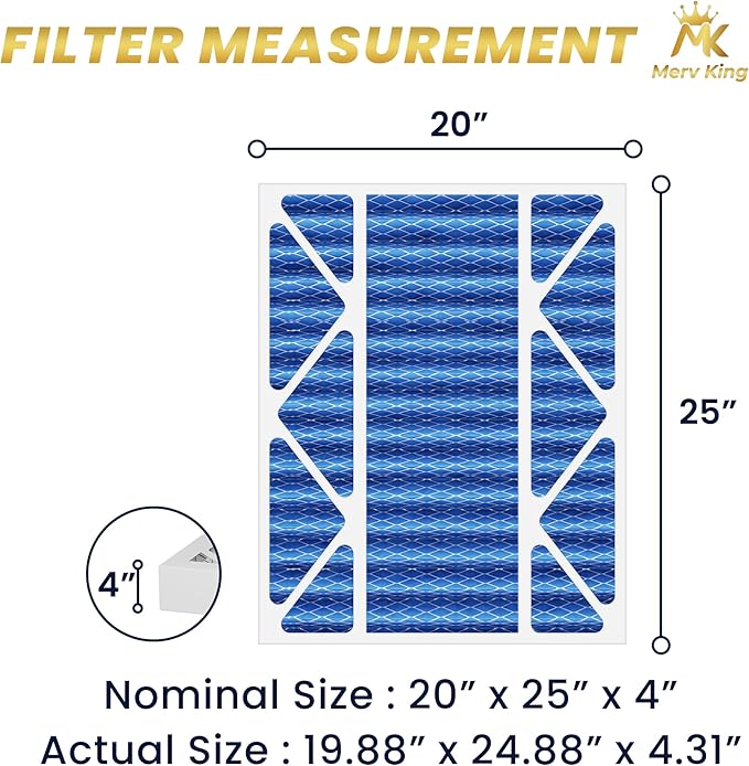 MervKing 20x25x4 Air Filter Actual Size: 19.88" x 24.88" x 4.31" MERV 11 MPR 1000-1200 | MADE IN USA | 1-Pack | Pleated HVAC AC Furnace Replacement