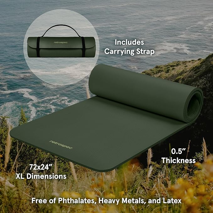 Retrospec Solana Yoga Mat 1/2" Thick w/Nylon Strap for Men & Women - Non Slip Exercise Mat for Yoga, Pilates, Stretching, Floor & Fitness Workouts-FlexoryFit