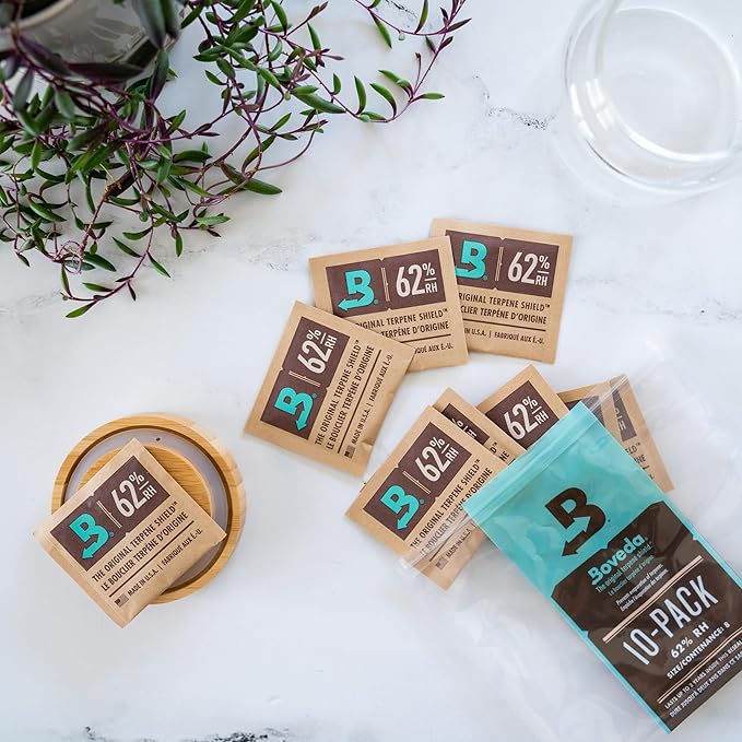 Boveda 62% RH Size 8-10 Pack Two-Way Humidity Control Packs - for Storing 1 oz - Moisture Absorber for Small Storage Containers - Humidifier Packs - Hydration Packets w/Resealable Bag