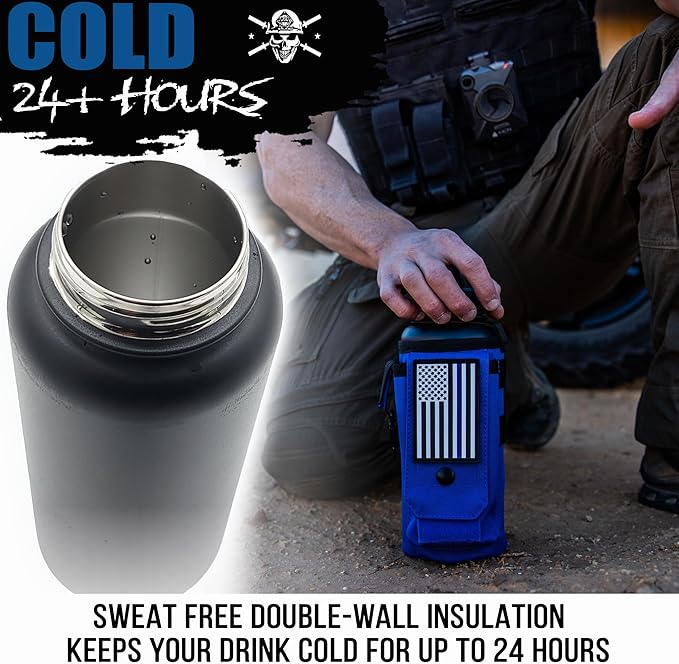 Iron Infidel Battle Bottle - 32 Oz Insulated Water Bottle with Straw Lid & Chug Cap, Stainless Steel Metal Flask Includes Rugged, Removable Sleeve for Keys, Wallet, & Phone (Thin Blue Line 1 Liter)-FlexoryFit
