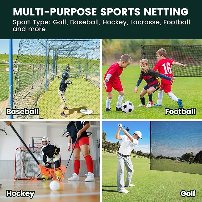 Sports Netting,Hitting Net with 33Feet Nylon Rope for Golf, Baseball, Hockey, Soccer, LAX and More