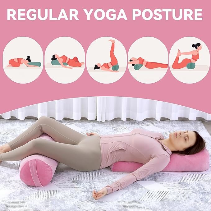 ROYALAY 2 Pcs Yoga Bolster Pillow for Restorative Yoga, Rectangular and Cylinder Meditation Pillow Set with Carrying Handles, Supportive Cushion for Exercise Workout Stretching Meditation,Pink-FlexoryFit