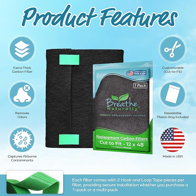 Breathe Naturally Universal Cut To Fit Activated Carbon Air Filter - Replacement Charcoal Air Filters - Carbon Filter Sheet for Air Purifier, Vent Filters & More - Made in USA (Pack of 1, 12x48)