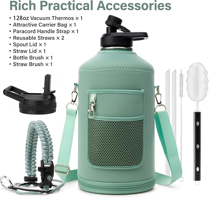 1 Gallon Water Bottle Insulated | Thickened Stainless Steel Vacuum Metal Water Jug | Portable Sports Large for Gym and Hiking with Straw, Carrier Bag, Handle Strap | BPA-Free 128 oz-FlexoryFit