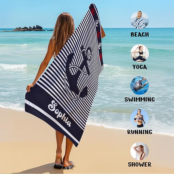 JML Personalized Beach Towel with Name, Custom Anchor Beach Towel, Customized Microfiber Pool Towel, Quick Dry & Absorbent Swim Towel for Adult,Anniversary, Birthday, Summer Holiday,Vacation-FlexoryFit