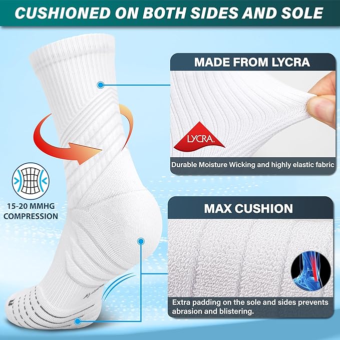Hylaea Compression Running Socks for men, Coolmax Anti-Blister Cushion Crew Socks for Athletic, Moisture Wicking & Seamless-FlexoryFit