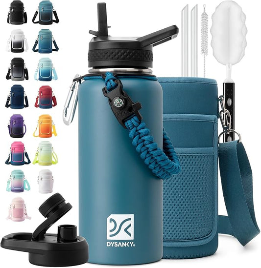 Insulated Water Bottle | Thickened Stainless Steel Vacuum Metal | Portable Sports Water Jug for Gym and Hiking with Straw, Carrier Bag, Handle Strap | BPA-Free 32 oz-FlexoryFit