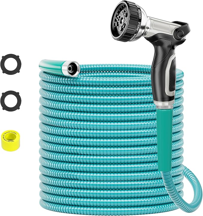50ft 304 Stainless Steel Garden Hose Metal, Heavy Duty Water Pipe with Nozzles for Yard, Outdoor - Flexible, Never Kink & Tangle, Puncture Resistant (Sky Blue)
