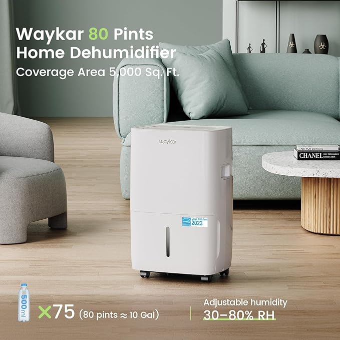 Waykar 80 Pints Energy Star Dehumidifier for Spaces up to 5,000 Sq. Ft at Home, in Basements and Large Rooms with Drain Hose and 1.14 Gallons Water Tank