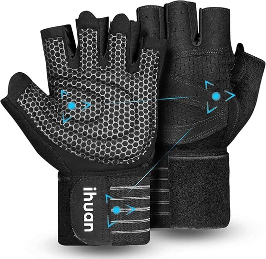ihuan Ventilated Weight Lifting Gym Workout Gloves with Wrist Wrap Support for Men & Women, Full Palm Protection, for Weightlifting, Training, Fitness, Hanging, Pull ups-FlexoryFit