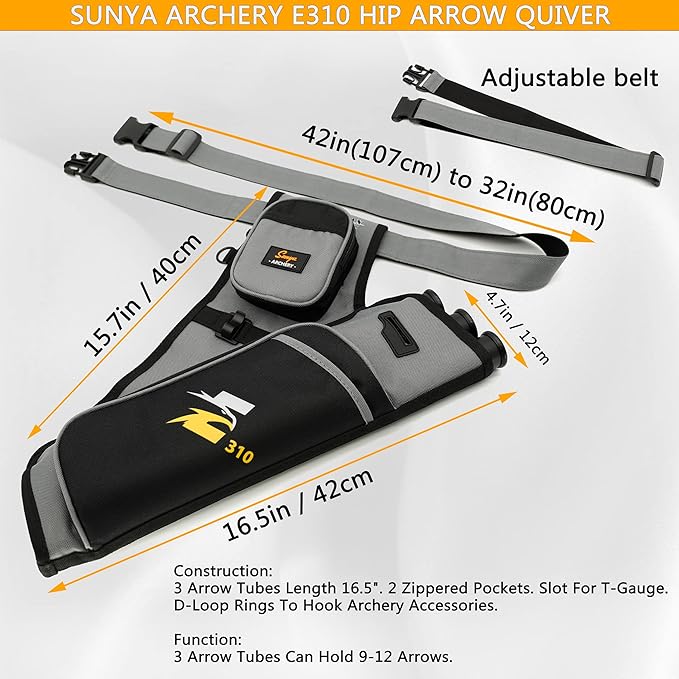SUNYA Archery Hip Quiver for Arrows. Includes 3 Tubes Arrow Holder, Accessories Pockets and Waist Belt. Fit for Compound and Recurve Bow Practice.