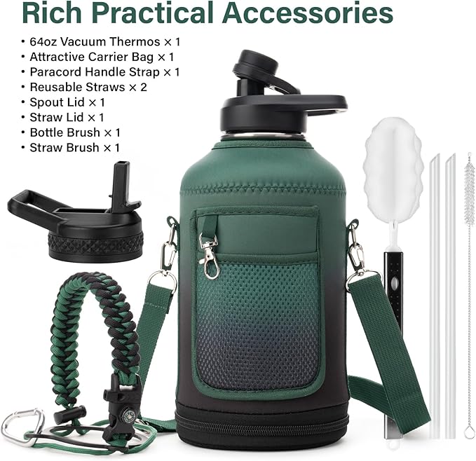 Insulated Water Bottle | Thickened Stainless Steel Vacuum Metal | Portable Sports Half Gallon Large Water Jug for Gym and Hiking with Straw, Carrier Bag, Handle Strap | BPA-Free 64 oz-FlexoryFit