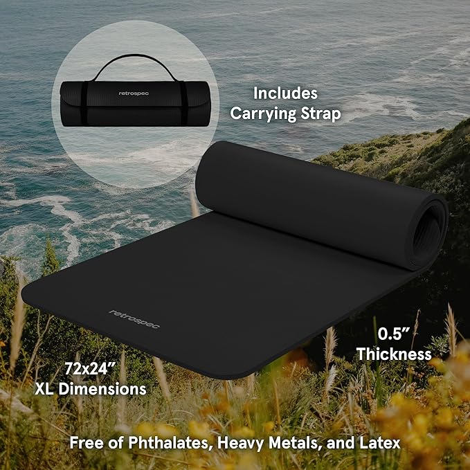 Retrospec Solana Yoga Mat 1/2" Thick w/Nylon Strap for Men & Women - Non Slip Exercise Mat for Yoga, Pilates, Stretching, Floor & Fitness Workouts-FlexoryFit