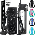 FIT Strong & Healthy 32 oz Glass Water Bottle with Straw Lid, Time Marker, Sleeve & Extra Lid - Motivational, Wide Mouth 1 Liter Glass Drinking Bottle