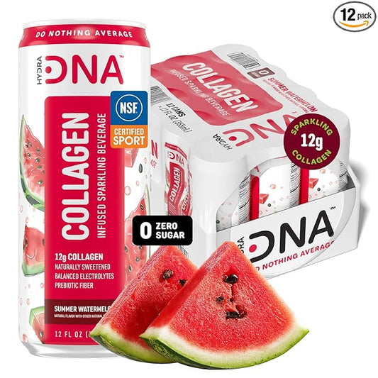 HYDRADNA- Sparkling Liquid Collagen Protein Water Drink Balanced Nutrients for Wellness - Sugar-Free - Keto-Friendly - No Gluten (12 Pack) Watermelon-FlexoryFit