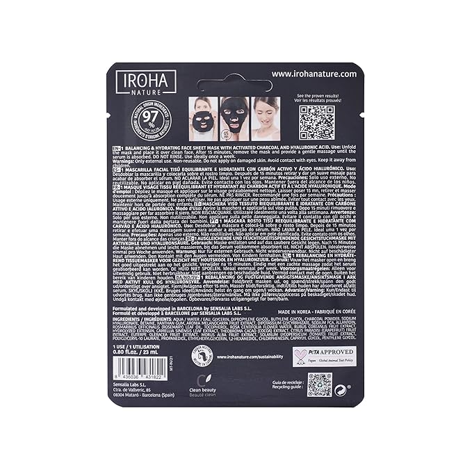 IROHA NATURE Rebalancing & Hydrating Tissue Face Mask | 15 Pieces | With Charcoal & Hyaluronic Acid | Deep Purifying for Clean, Clear Skin | Results in 15 Minutes | 100% Vegan-FlexoryFit