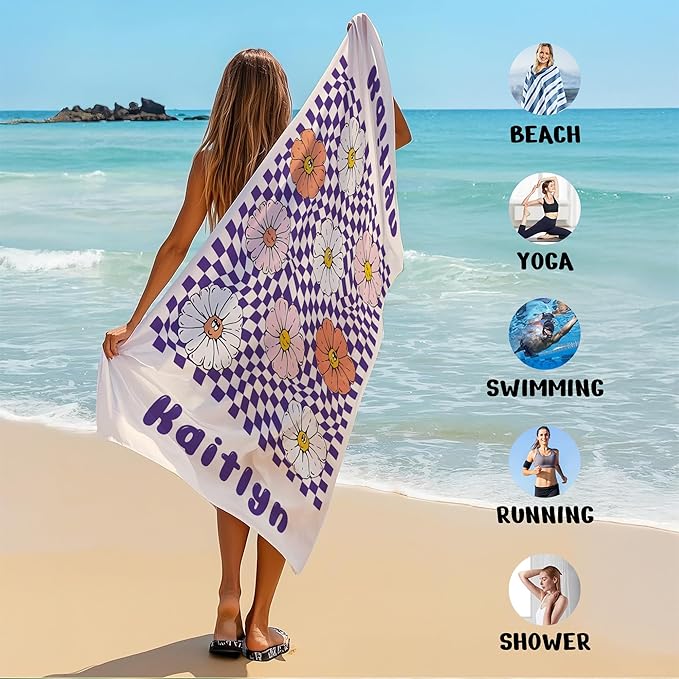 JML Personalized Beach Towel with Name, Custom Flower Beach Towel, Customized Microfiber Pool Towel, Quick Dry & Absorbent Swim Towel for Adult,Anniversary, Birthday, Summer Holiday,Vacation-FlexoryFit