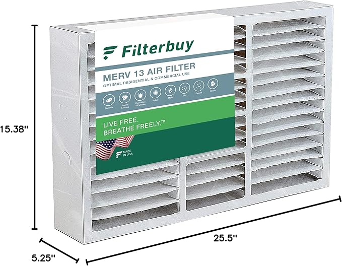 Filterbuy 16x25x5 Air Filter MERV 13 Optimal Defense (1-Pack), Pleated HVAC AC Furnace Air Filters for Amana, Coleman, Goodman, Maytag, York, and More (Actual Size: 15.38 x 25.50 x 5.25 Inches)