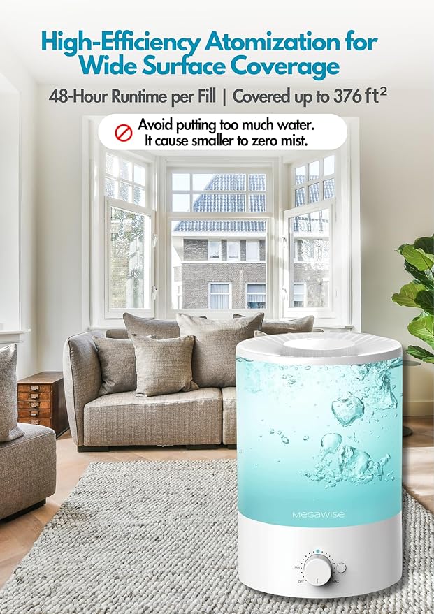 Megawise Cool Mist Humidifier | 2 Pack of 3.5L Capacity Top Refill for Nursery, Bedroom, Home and Office + Super Quiet Ultrasonic Vaporizer.