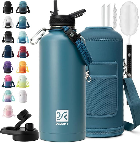 Insulated Water Bottle | Thickened Stainless Steel for Gym and Hiking with Straw, Carrier Bag, Handle Strap | BPA-Free 87 oz-FlexoryFit