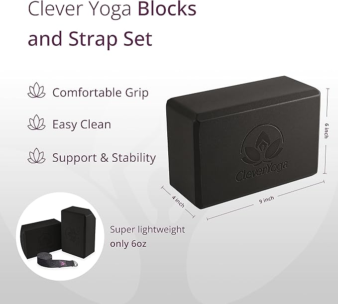 Clever Yoga Blocks & Strap - Lighweight Foam Yoga Blocks 2 Pack with 8ft Cotton Yoga Strap Set Kit for Beginners & Pros, Accessories & Equipment for Women & Men - Gray-FlexoryFit
