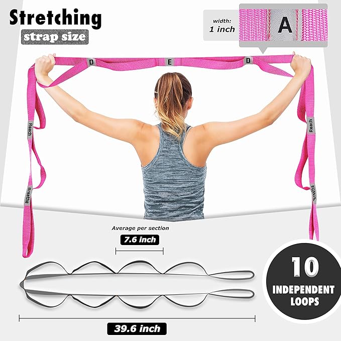 Stretching Strap Yoga Strap with 10 Loops, Non-Elastic Stretch Band for Physical Therapy, Flexibility, Exercise, Pilates, Dance & Gymnastics Workout-FlexoryFit