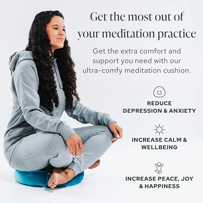 Mindful & Modern Velvet Meditation Cushion | Luxe Zafu Yoga Floor Pillow Seat | Posture Support | Buckwheat Hull Filled | Large Round Cushion with Removable Washable Cover + Carry Handle | Color Teal-FlexoryFit