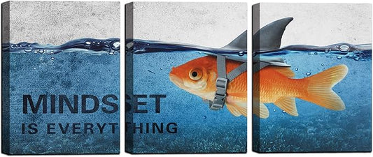 3 Panels Modern Framed Inspirational Canvas Wall Art Goldfish Body Strong Shark Heart Mindset is Everything Motivational Wooden Decor Posters for Office Gym Classroom Home Decoration(48''W x 24''H)-FlexoryFit