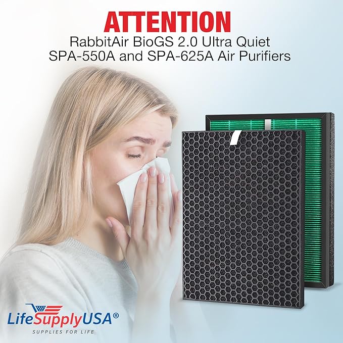 LifeSupplyUSA Complete Replacement Filter Set (1 True HEPA Air Cleaner Filter + 1 Carbon Filter) Compatible with RabbitAir BioGS 2.0 Ultra Quiet SPA-550A and SPA-625A Air Purifiers